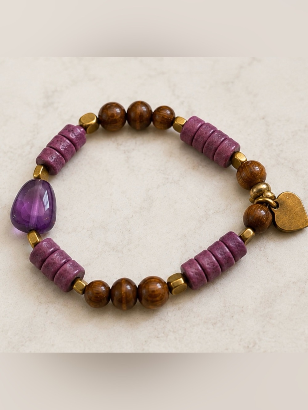 Thistle Farms Purple and Wood Beaded Stretch Bracelet with Heart Charm